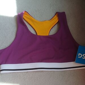 DSG Purple Sports Bra with Yellow Racerback and White Band